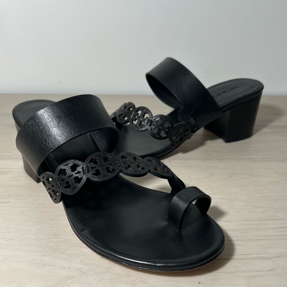 +Tory Burch Tiny Miller Toe Ring Block Heel Sandals Black Size 8.5 M